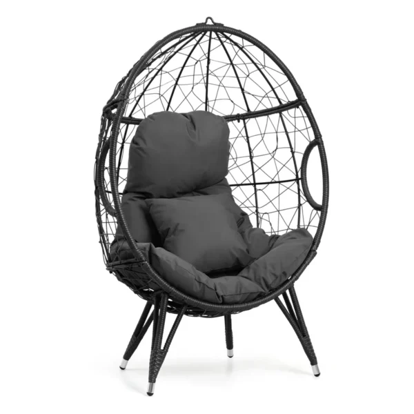 Grey outdoor egg chair with all-weather wicker, cushion included, perfect for patio or garden