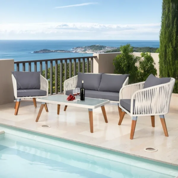 Outdoor Rope 4-Piece Sofa Set in White & Grey with Cushions and Coffee Table for Patio or Garden