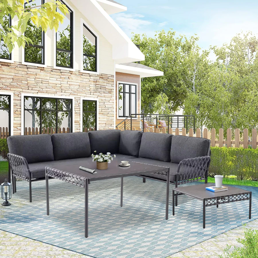 Outdoor L-shaped 5-seater sofa made of weather-resistant rope with cushioned seats
