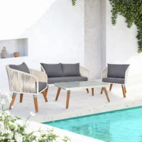 Outdoor Rope 4-Piece Sofa Set in White & Grey with Cushions and Coffee Table for Patio or Garden