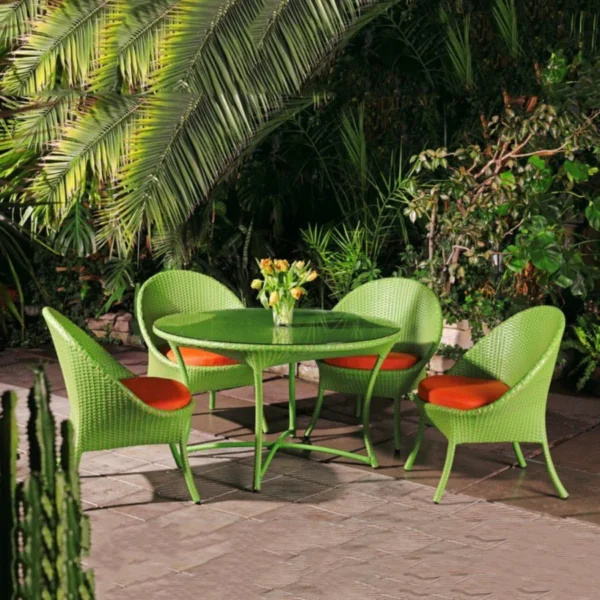 Outdoor 5-piece rattan wicker dining set with cushioned chairs and glass-top table, all-weather resistant for patio, garden, or balcony