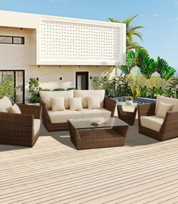 5-Piece Outdoor Wicker Sofa Set with Cushions and 2-Tier Glass Top Coffee Tables for Patio or Garden