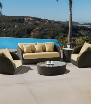 5-Piece Outdoor Wicker Patio Sofa Set with Cushions and Glass Top Tables for Garden, Balcony, or Backyard