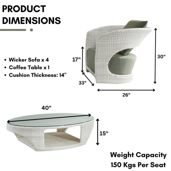 Outdoor White Rattan Wicker Sofa Chairs with Glass Top Table for Patio, Garden, and Balcony