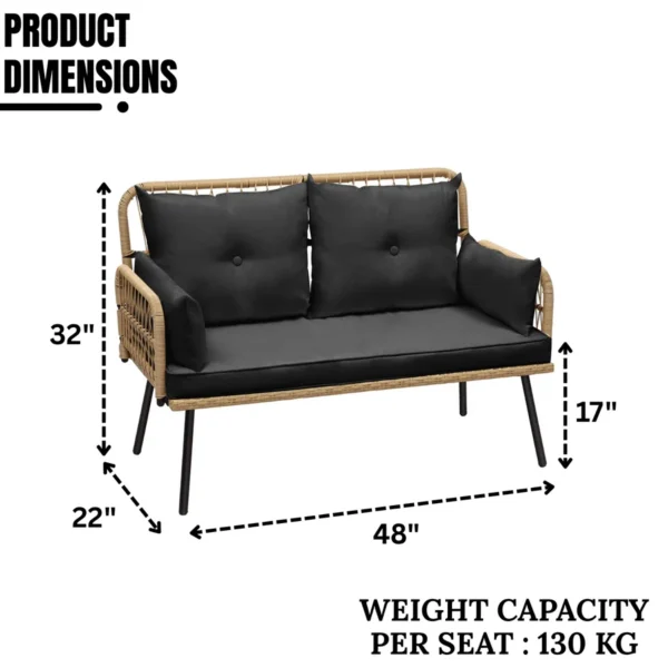 “Stylish outdoor rattan wicker loveseat sofa with soft beige cushions on a patio setup”