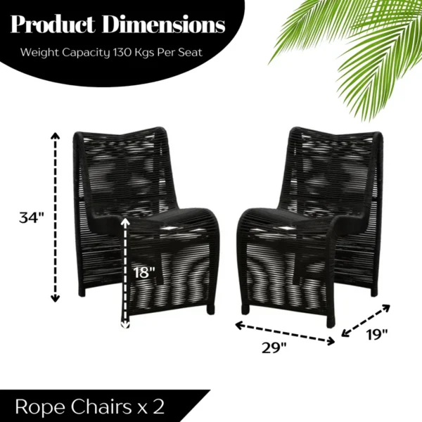 Two modern outdoor rope patio chairs with metal frames and woven seats, perfect for garden or balcony seating.