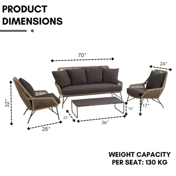 "4-Piece Outdoor Rope Patio Conversation Set with Loveseat, Chairs, and Coffee Table for Garden, Balcony, or Backyard"