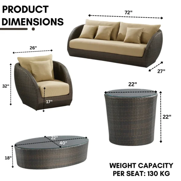 5-Piece Outdoor Wicker Patio Sofa Set with Cushions and Glass Top Tables for Garden, Balcony, or Backyard