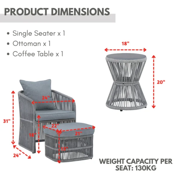 Grey 3-piece outdoor rope patio sofa set with cushions on a wooden deck