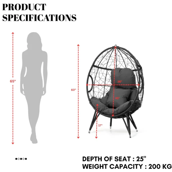 Grey outdoor egg chair with all-weather wicker, cushion included, perfect for patio or garden