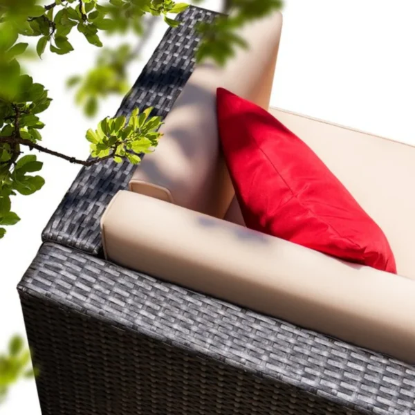 Outdoor all-weather rattan wicker double seater sofa with comfortable cushions, perfect for patio, balcony, or garden seating.