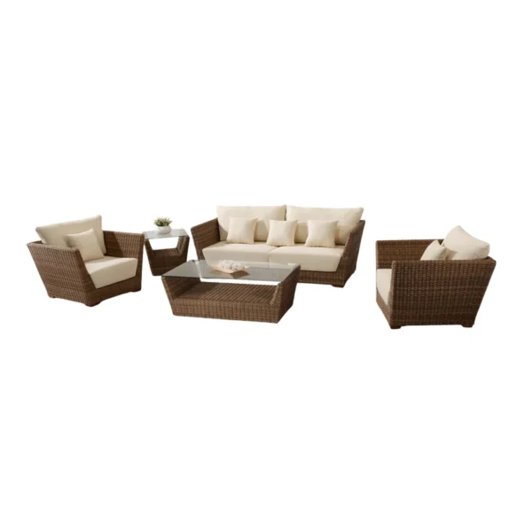 5-Piece Outdoor Wicker Sofa Set with Cushions and 2-Tier Glass Top Coffee Tables for Patio or Garden