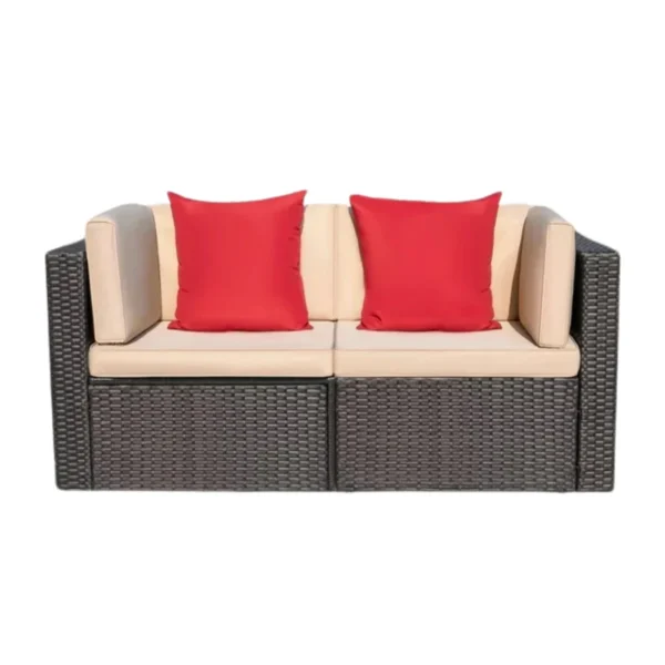 Outdoor all-weather rattan wicker double seater sofa with comfortable cushions, perfect for patio, balcony, or garden seating.
