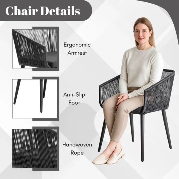 Alt Text: 5-piece outdoor patio dining set with rope chairs and marble-top table on a terrace