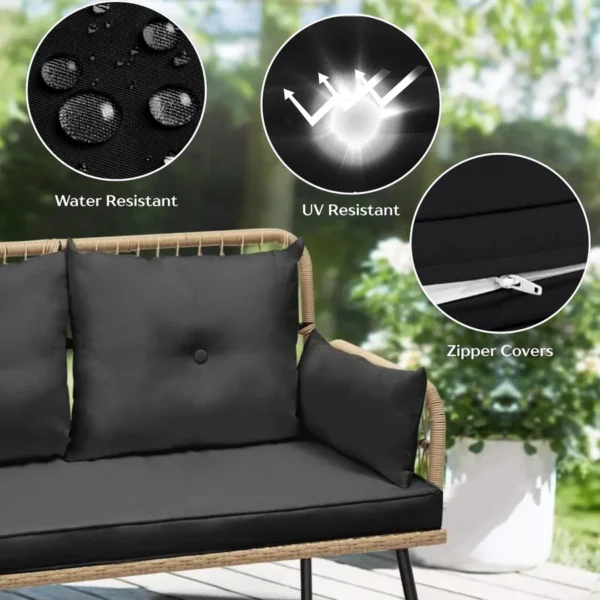 “Stylish outdoor rattan wicker loveseat sofa with soft beige cushions on a patio setup”