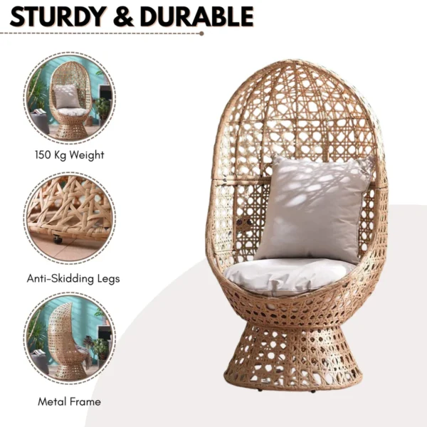 Beige rattan wicker cocoon chair with a comfortable cushion for outdoor patio or garden