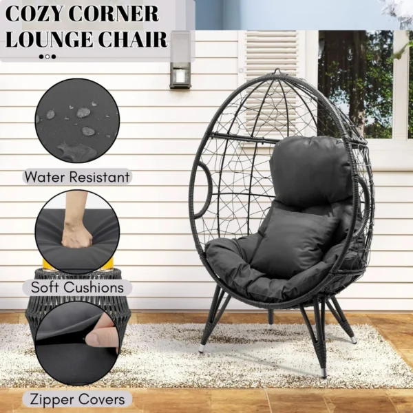 Grey outdoor egg chair with all-weather wicker, cushion included, perfect for patio or garden