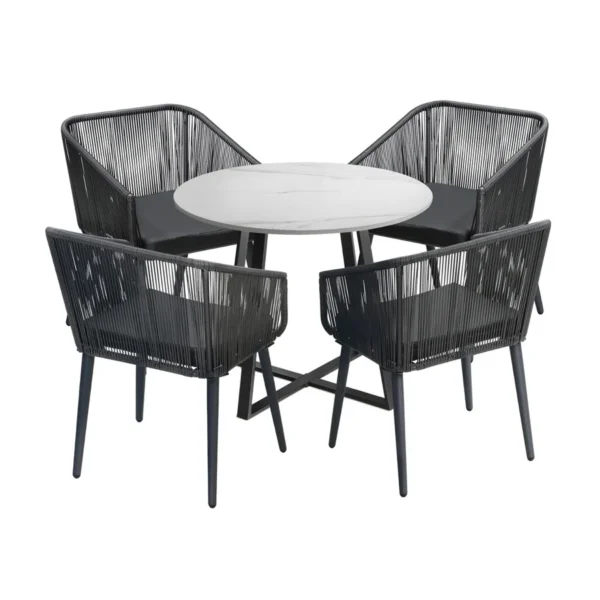Alt Text: 5-piece outdoor patio dining set with rope chairs and marble-top table on a terrace
