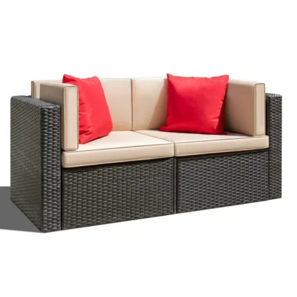 Outdoor all-weather rattan wicker double seater sofa with comfortable cushions, perfect for patio, balcony, or garden seating.