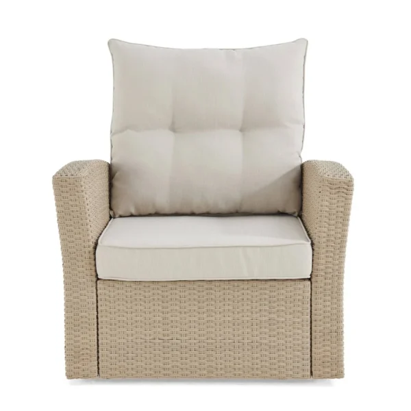 Outdoor all-weather wicker single seater sofa with comfortable cushions for patio or balcony seating.