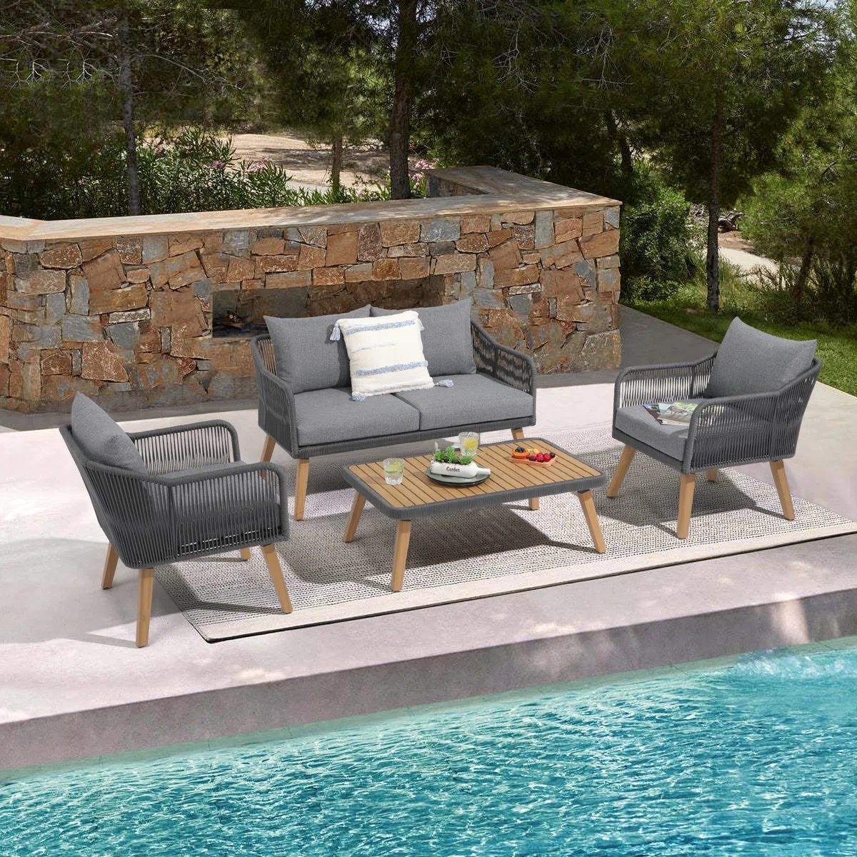 Elegant 5-seater rope sofa set with modern design, cozy cushions, and sturdy frame for outdoor and indoor living.