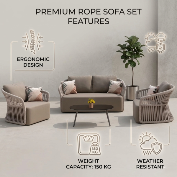 4-Piece Outdoor Braid & Rope Sofa Set (Beige & Dark Cream) - Image 5