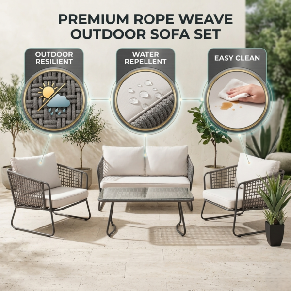 4 Piece Outdoor All-Weather Rope Sofa Set {Beige} - Image 2