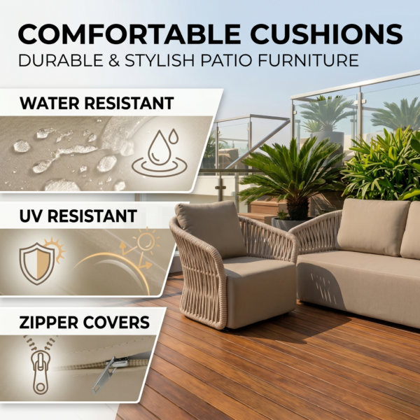 4-Piece Outdoor Braid & Rope Sofa Set (Beige & Dark Cream) - Image 6