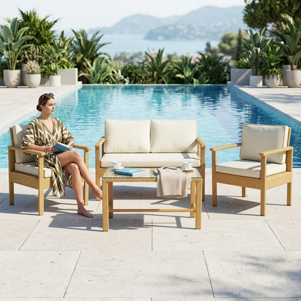 Rattan wicker Beige sofa set 4 Pieces Patio Furniture Set, Outdoor Sectional Sofa {Beige & Off-white} - Image 1