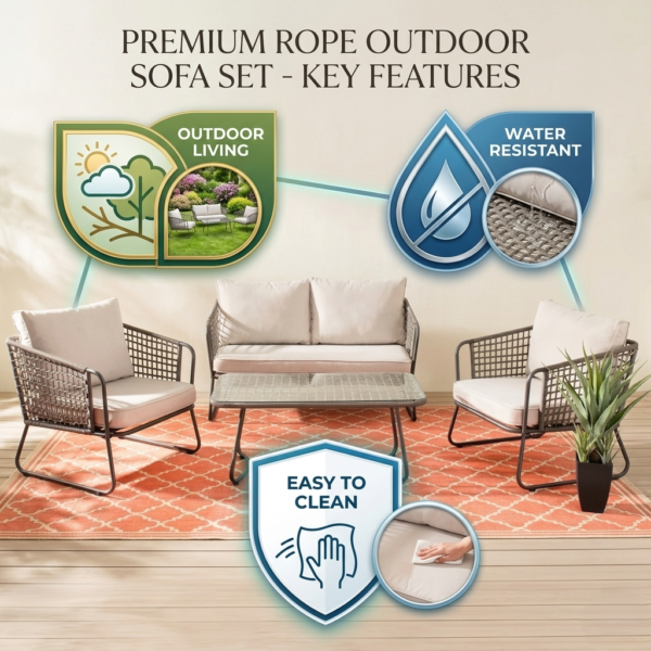 4 Piece Outdoor All-Weather Rope Sofa Set {Beige} - Image 4