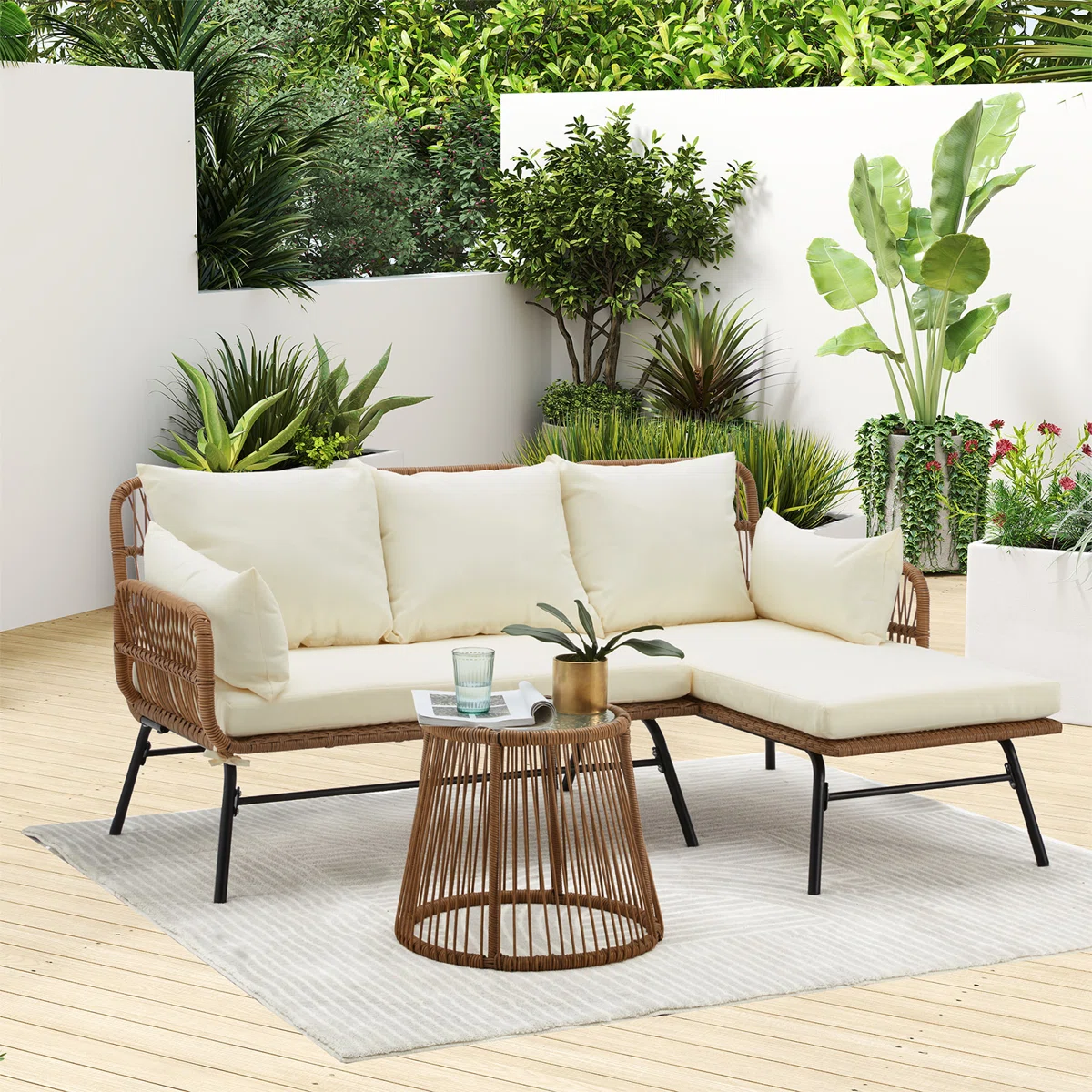Beige and off-white L-shaped rope sofa with comfortable cushions, perfect for modern living rooms or outdoor patios