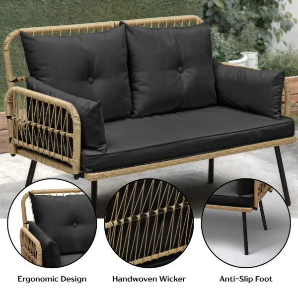 “Stylish outdoor rattan wicker loveseat sofa with soft beige cushions on a patio setup”
