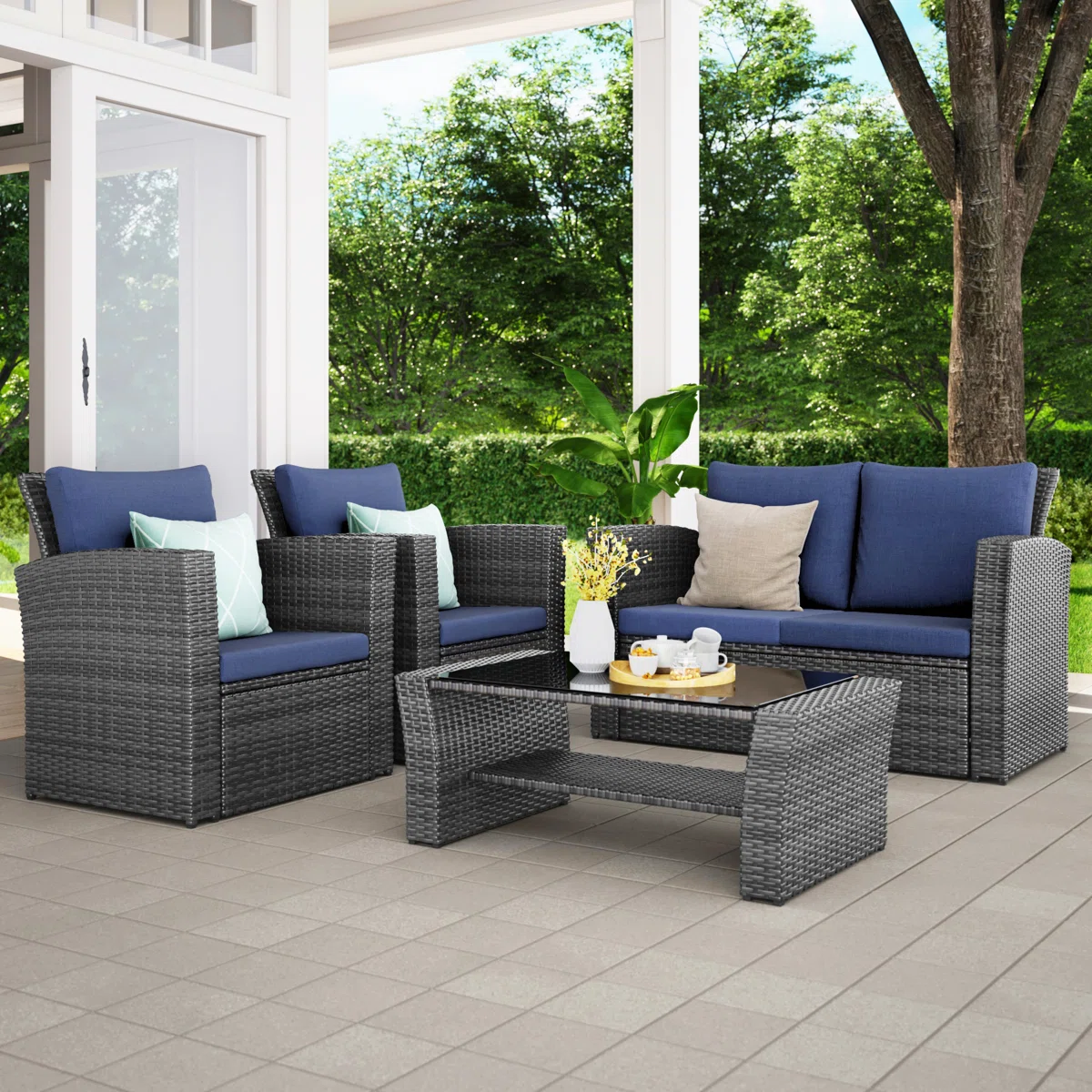 Modern 4-seater sofa set in neutral color with plush cushions and wooden frame, ideal for living room seating