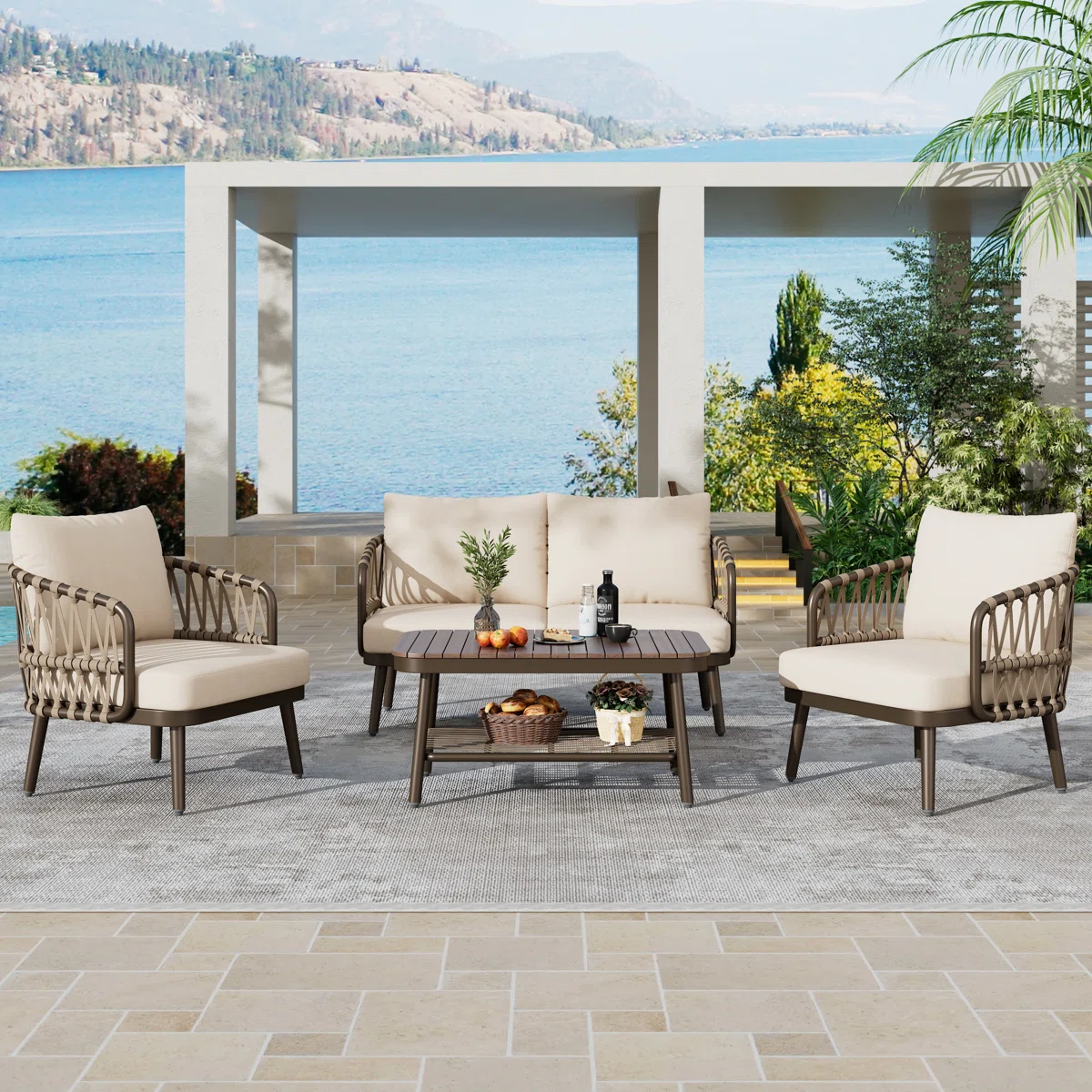 Modern 4-seater sofa set in neutral color with plush cushions and wooden frame, ideal for living room seating
