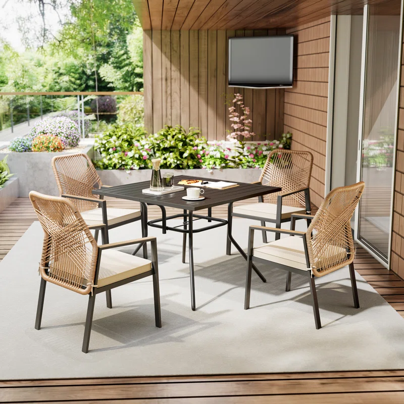 Modern rope dining set with table and chairs for indoor or outdoor use.
