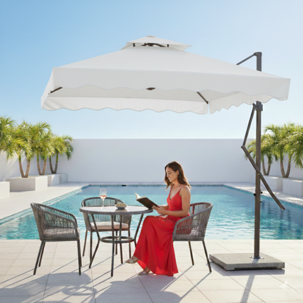10ft Side Pole Square Shape Outdoor Umbrella With Granite Base (Off-White)