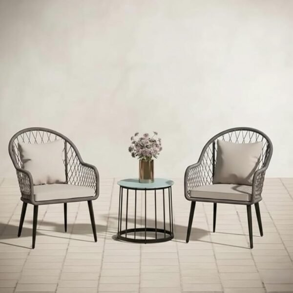 Modern LOCCUS HDPE rattan bistro set with two cushioned chairs and glass top table for patio seating