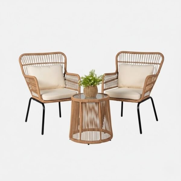 LOCCUS outdoor rope bistro set beige chairs with cushions and tempered glass table for patio terrace and backyard