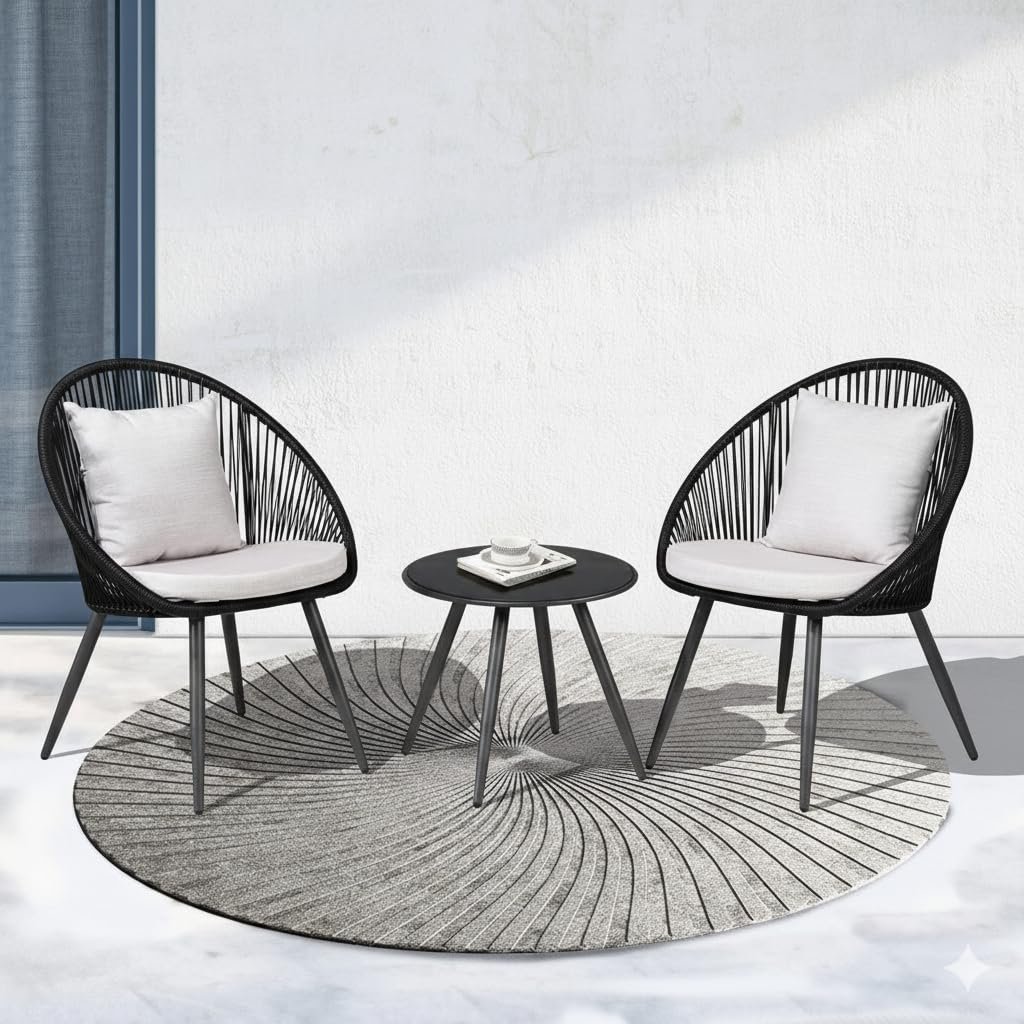 LOCCUS 3-piece outdoor patio bistro set with cushioned chairs and glass-top table for balcony or garden.