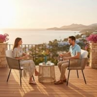 LOCCUS 3-piece outdoor rope patio furniture set with beige chairs, off-white cushions and tempered glass table for balcony or garden