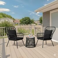 LOCCUS 3-piece black rope patio furniture set with cushioned chairs and tempered glass table for balcony or garden