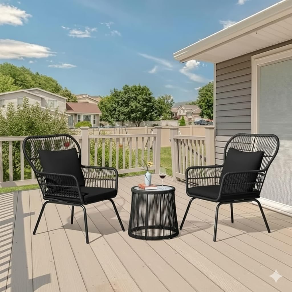 LOCCUS 3-piece black rope patio furniture set with cushioned chairs and tempered glass table for balcony or garden