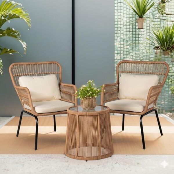 Beige rope patio furniture set with cushioned chairs and round glass table for outdoor balcony and lawn seating