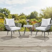 LOCCUS 3-piece grey rope patio furniture set with cushioned chairs and tempered glass side table for balcony or garden.