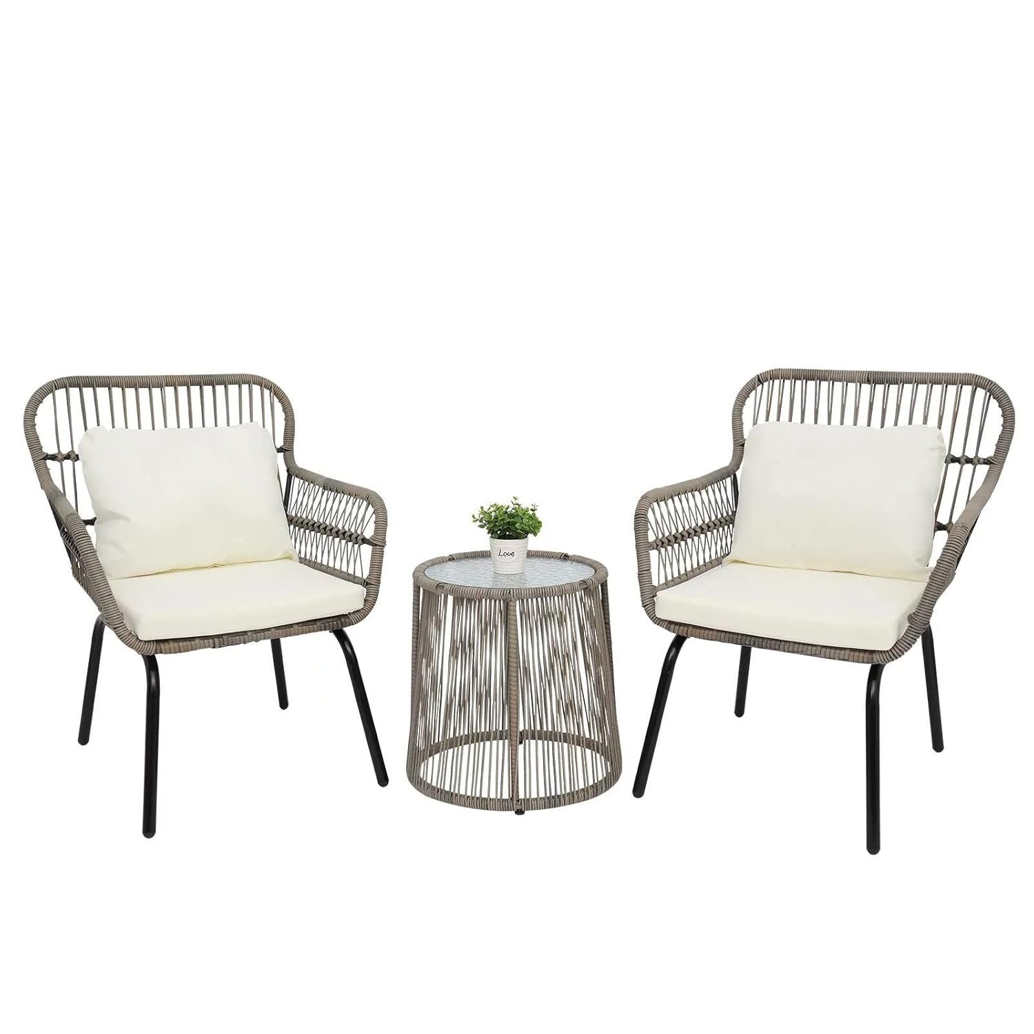 LOCCUS 3-piece outdoor patio bistro set with rope woven chairs, off-white cushions, and tempered glass-top table, modern weather-resistant furniture for balcony, garden, backyard, or porch.
