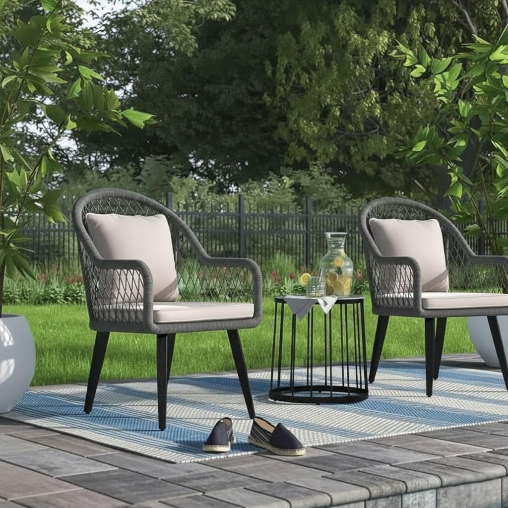 LOCCUS 3-piece outdoor wicker patio bistro set with beige cushioned chairs and tempered glass table for balcony or garden