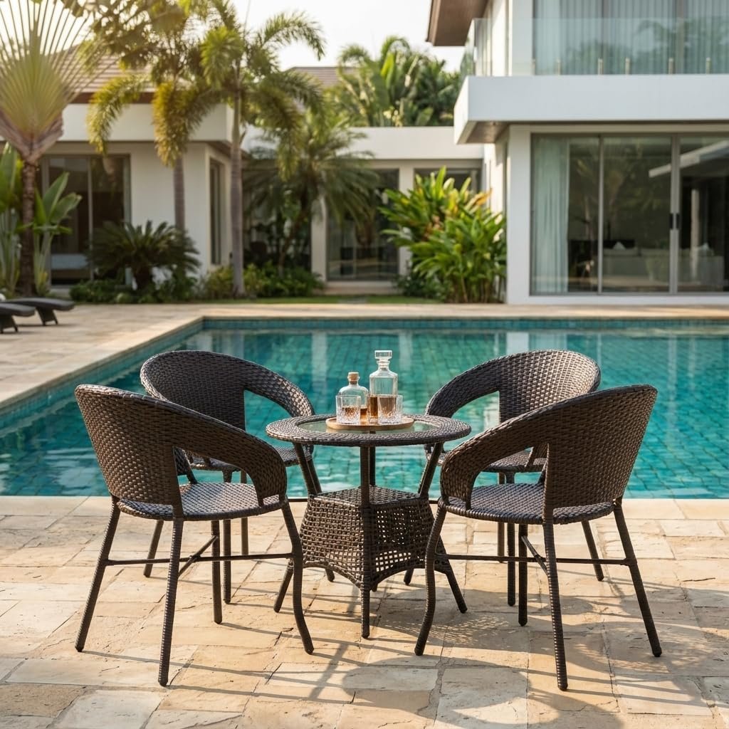 LOCCUS 5-Piece Outdoor Wicker Patio Furniture Set – All-Weather Rattan Chairs & Table with Powder-Coated Iron Frame for Balcony, Garden, Poolside & Deck (Dark Brown)