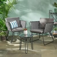 LOCCUS 3-piece grey rope patio furniture set with cushioned chairs and tempered glass-top table for balcony or garden.