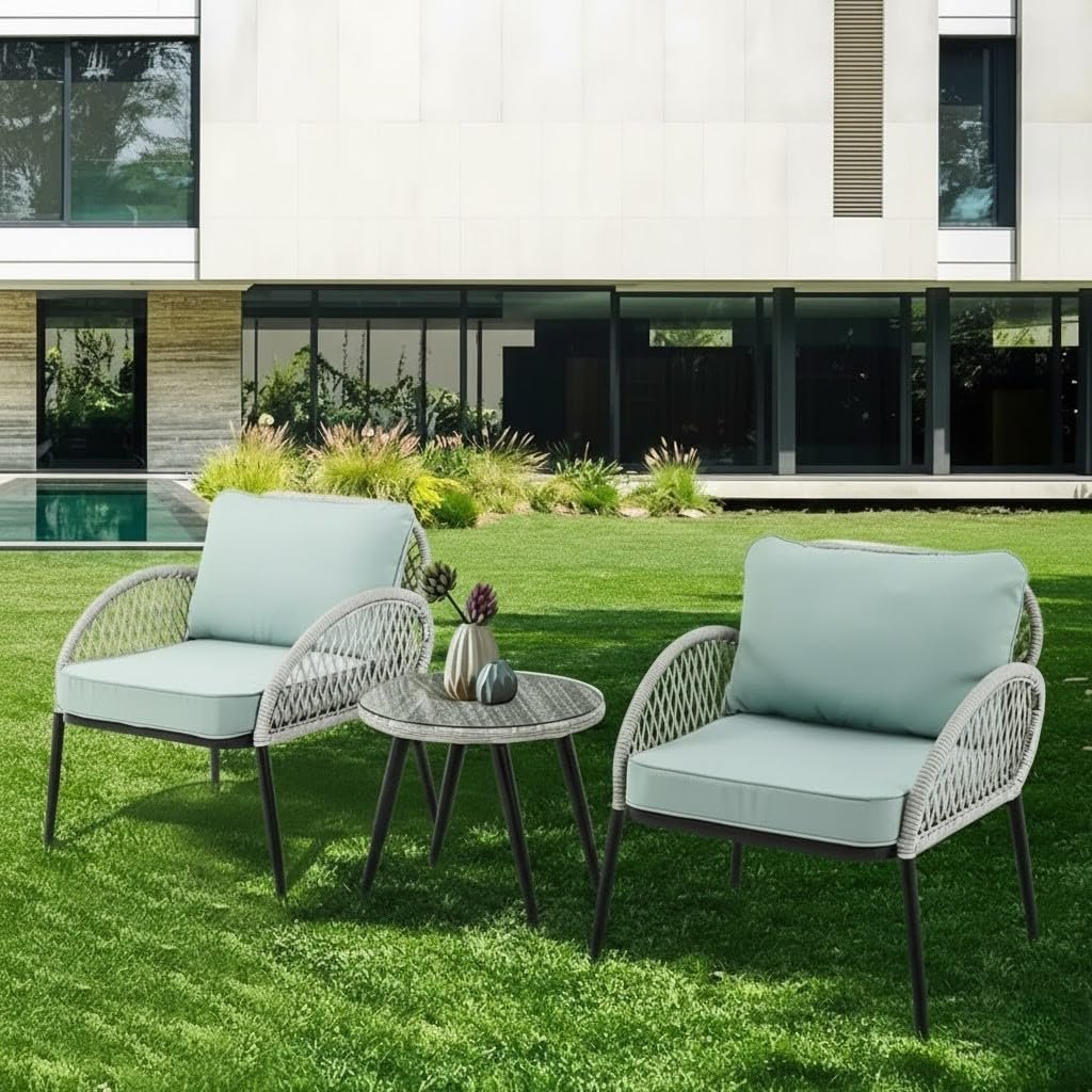 LOCCUS 3-piece patio furniture set with silver wicker chairs, blue cushions, and glass-top table for balcony or garden.