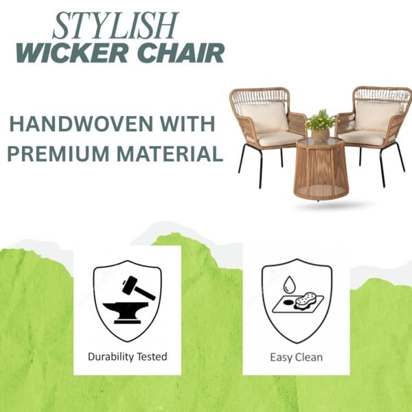 Stylish beige rope patio bistro set with two chairs and glass table for garden deck and outdoor seating